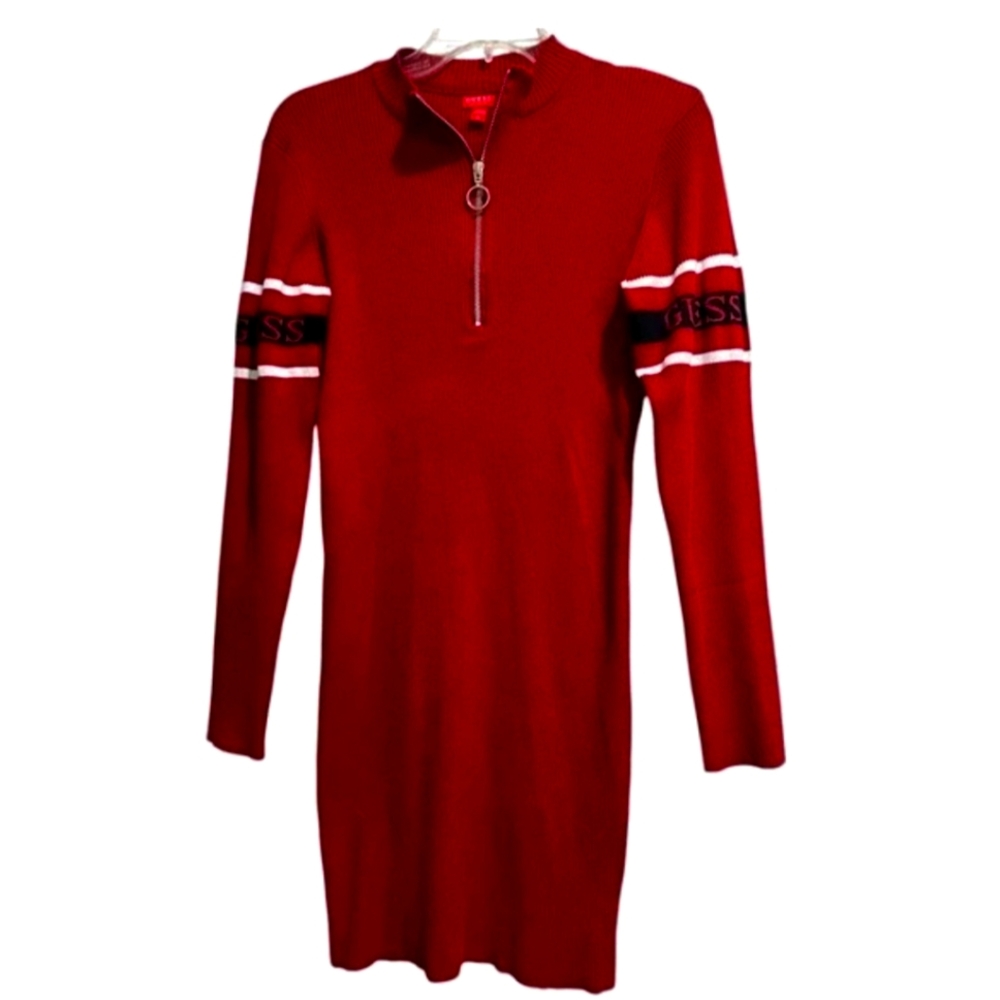 GUESS Red Knit Dress with Striped Sleeves
